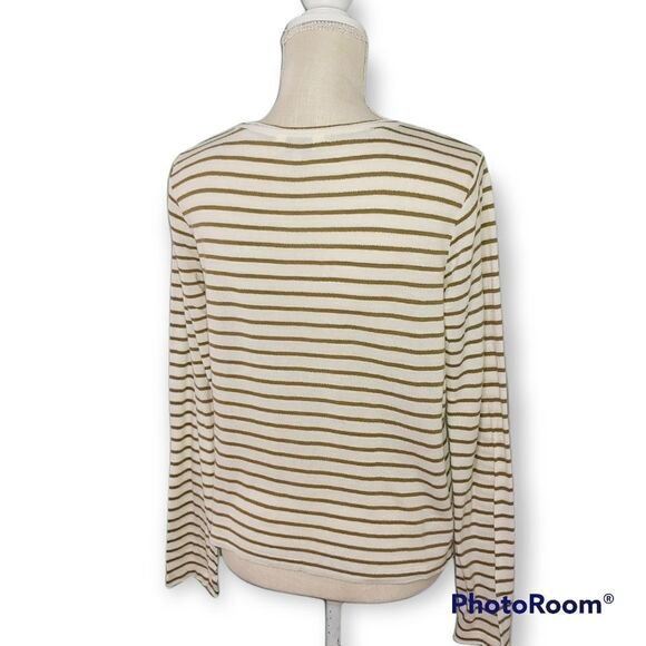 Lucky Brand Stylish cream/green asymetrical ruffle striped long sleeve tee top - Picture 4 of 6